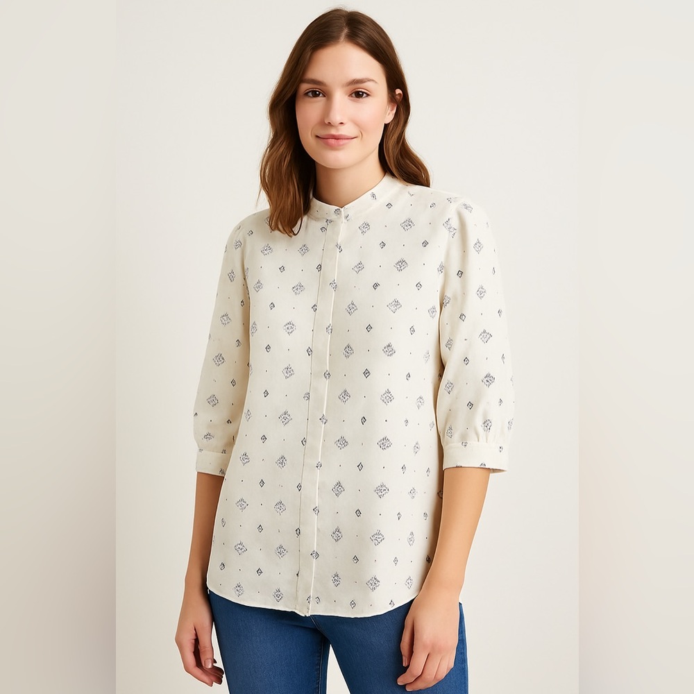 LOFT Cream and Black Geometric Blouse